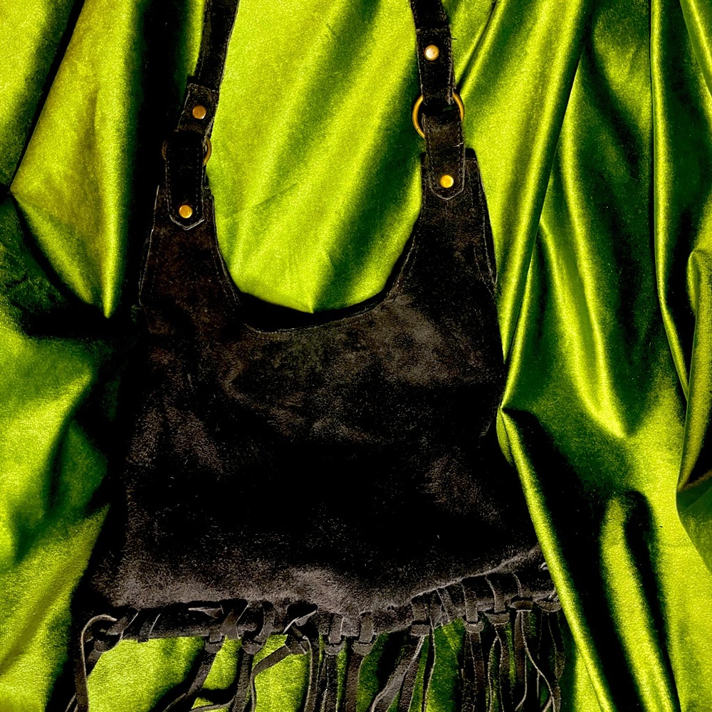 Black suede fringe shoulder purse